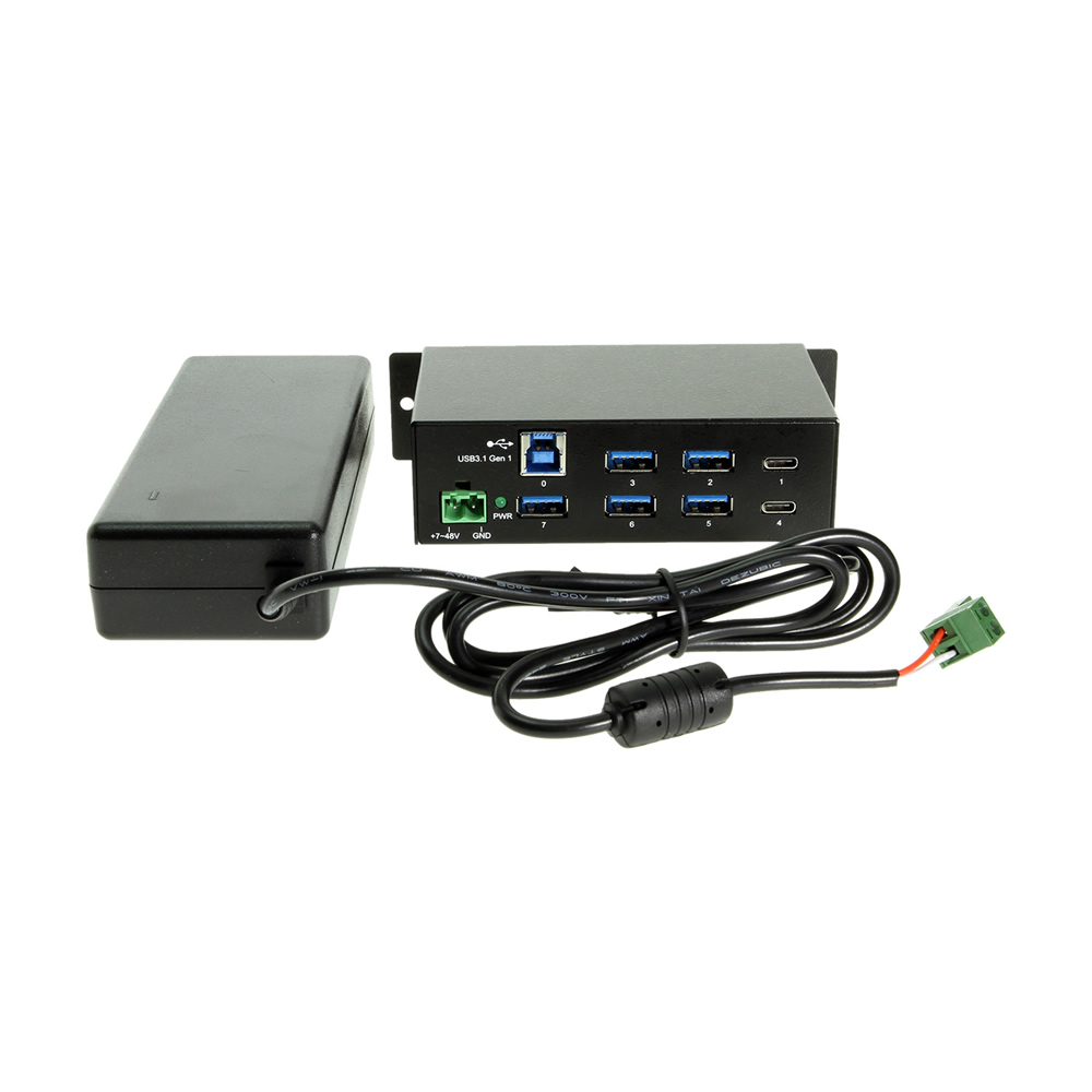 USB-C 7 Port Hub 2 Type-C Ports – 5 Ports Type-A - DIN Rail w/Power Adapter